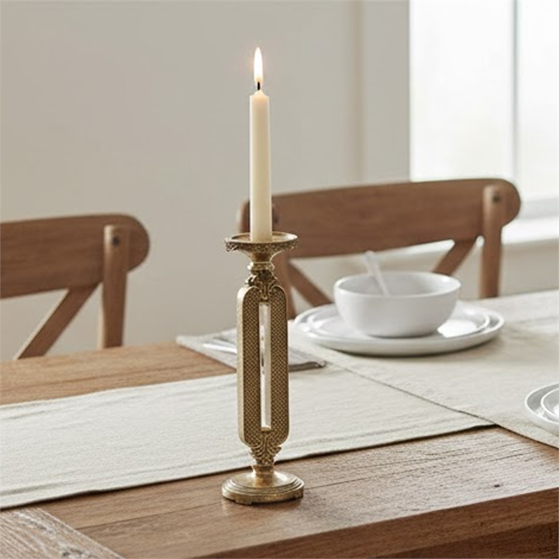 Candle Holder- Antique Gold Tabletop Accent- 14 Inch Keyhole Stem