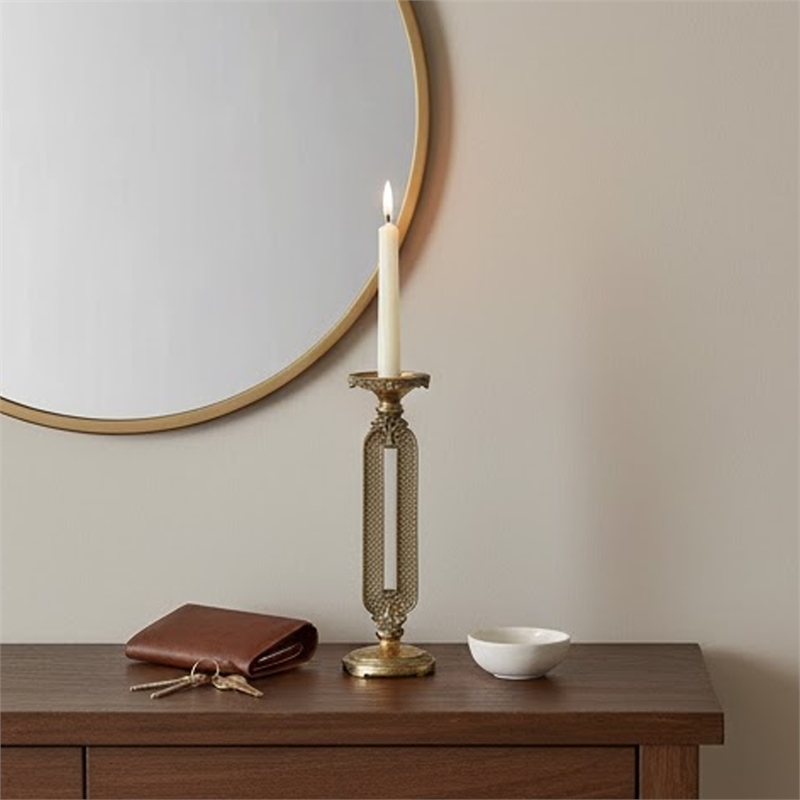 Candle Holder- Antique Gold Tabletop Accent- 14 Inch Keyhole Stem