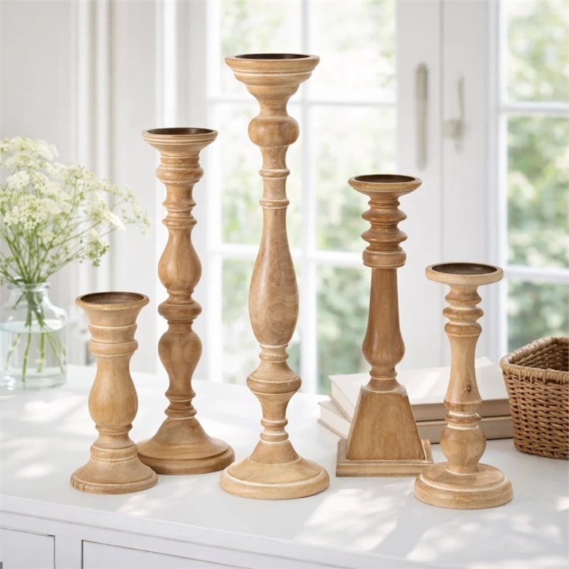 Hez 5pc Turned Candle Holder Set- Classic Accent- Rustic Brown Wood
