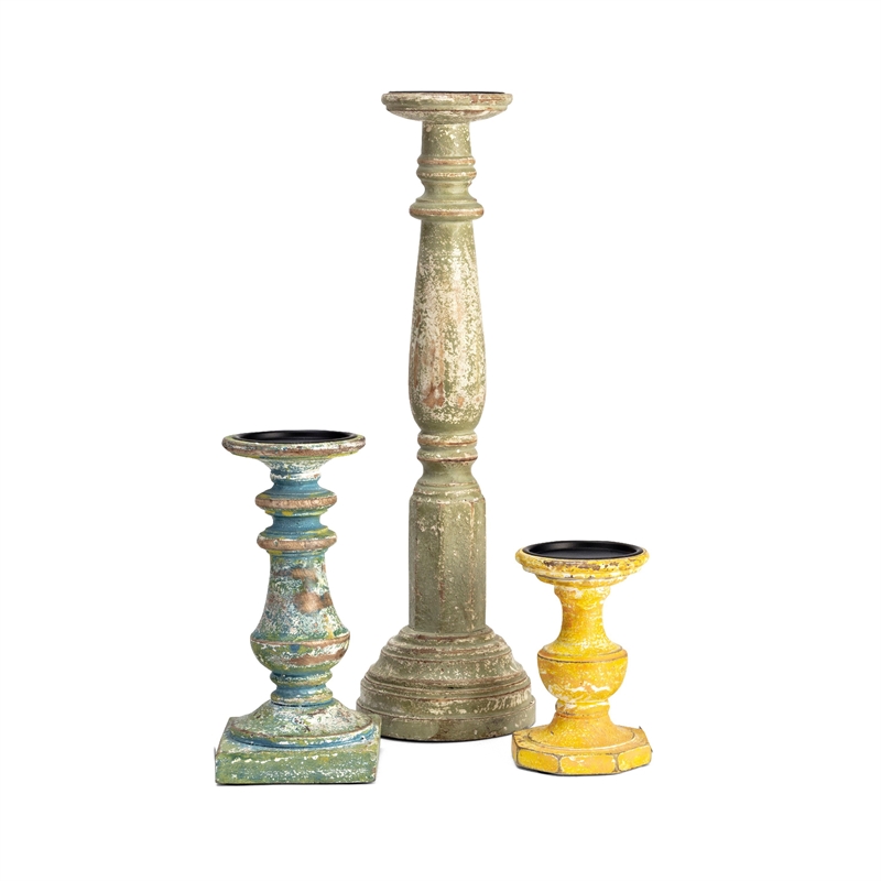 Hez 5pc Layered Candle Holder Set- Distressed Cream and Brown Wood