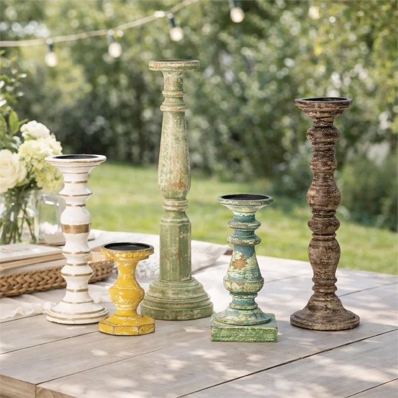 Hez 5pc Layered Candle Holder Set- Distressed Cream and Brown Wood