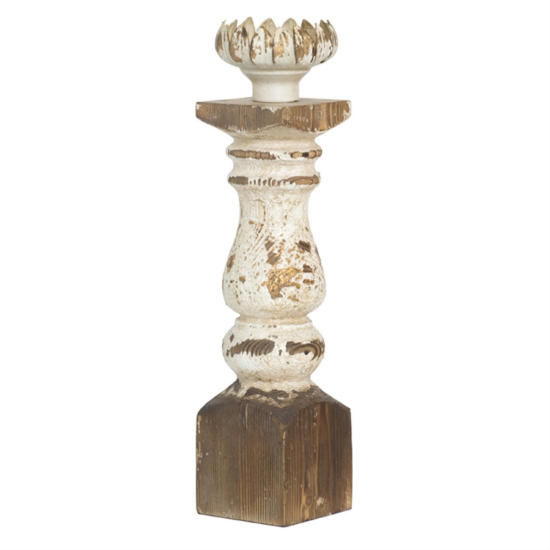 Candle Holder- Lotus Flower Style Top- Turned Body- White Wood 19 Inch