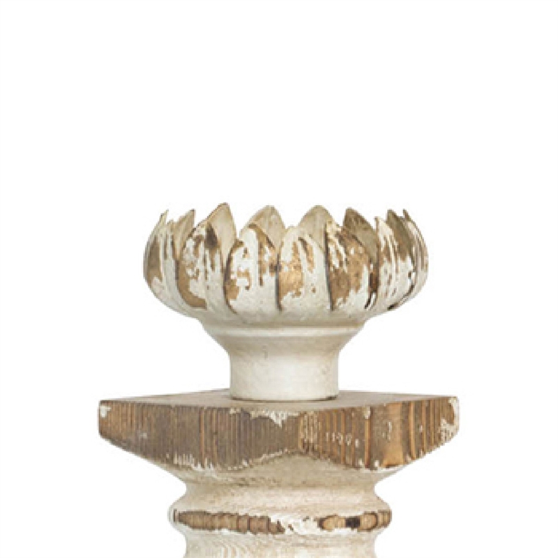 Candle Holder- Lotus Flower Style Top- Turned Body- White Wood 19 Inch