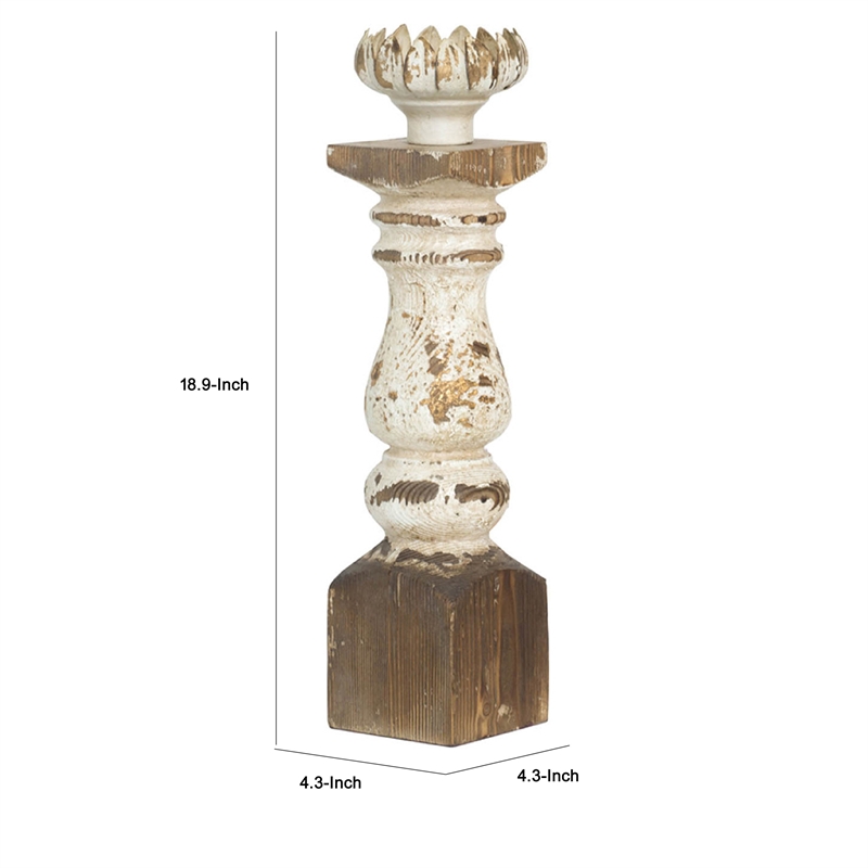 Candle Holder- Lotus Flower Style Top- Turned Body- White Wood 19 Inch