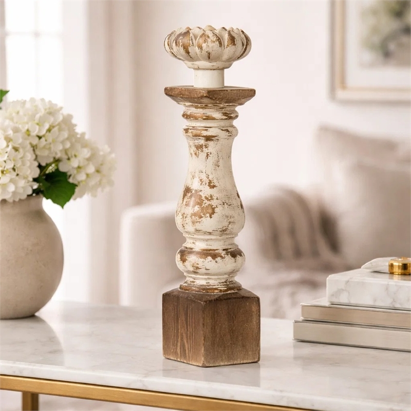 Candle Holder- Lotus Flower Style Top- Turned Body- White Wood 19 Inch