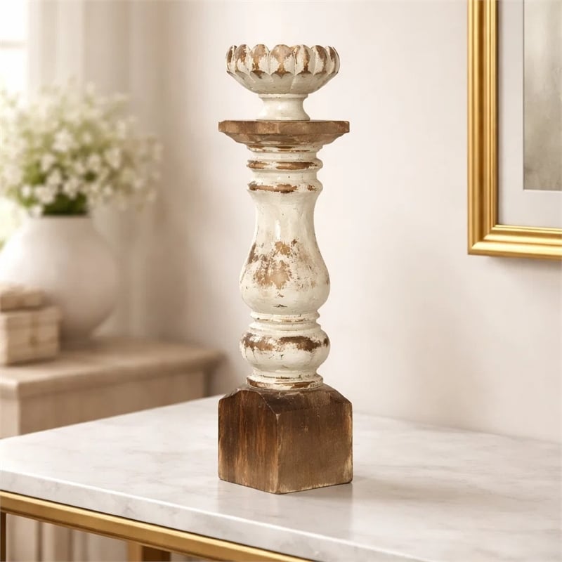 Candle Holder- Lotus Flower Style Top- Turned Body- White Wood 19 Inch