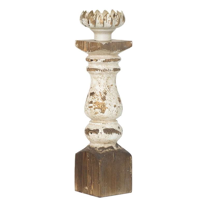 Candle Holder- Lotus Flower Style Top- Turned Body- White Wood 19 Inch