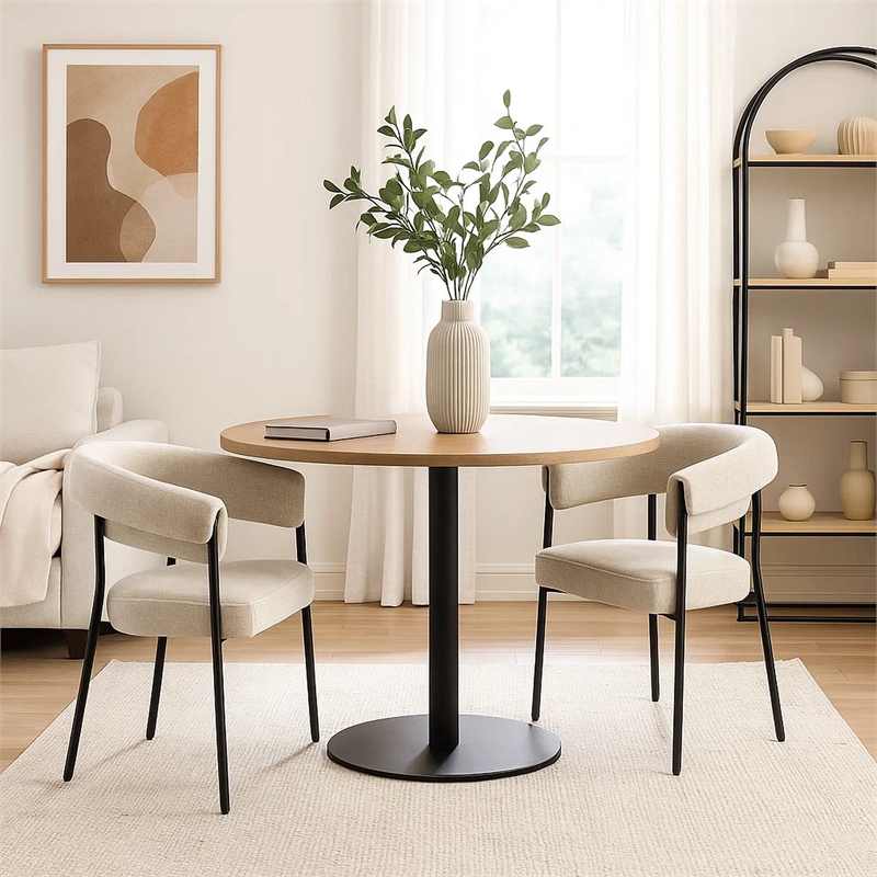 Jexy Dining Armchair Set of 2- Barrel Back- Black Metal- Beige Seat