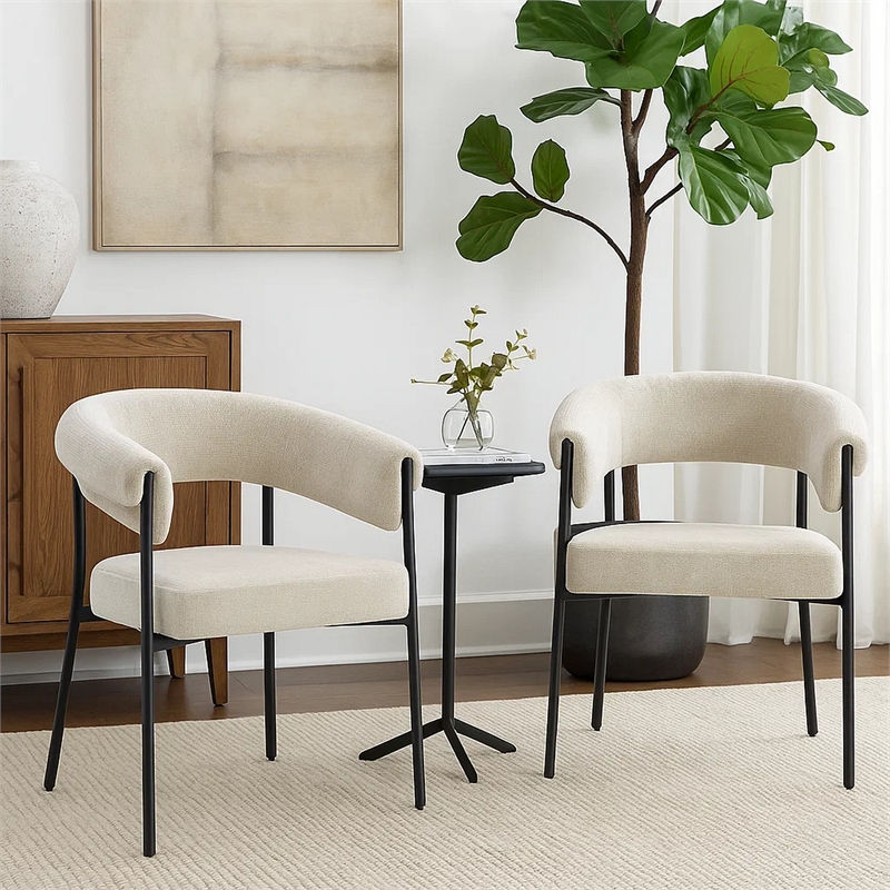 Jexy Dining Armchair Set of 2- Barrel Back- Black Metal- Beige Seat