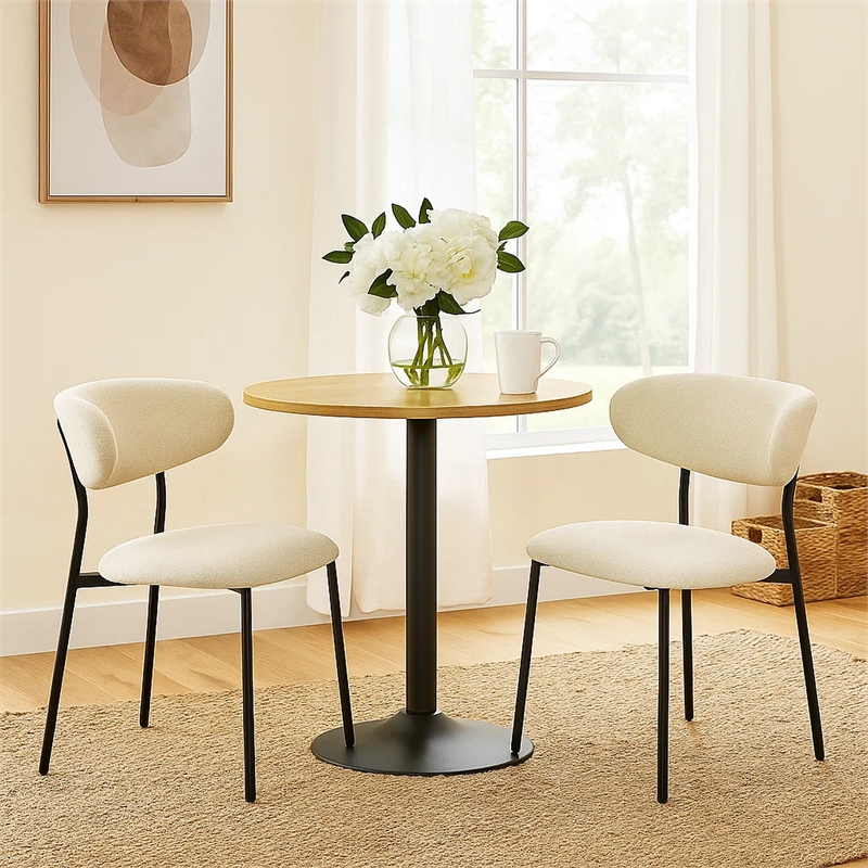 Jexy Dining Side Chair Set of 2- Black Metal Base- Beige Padded Seat