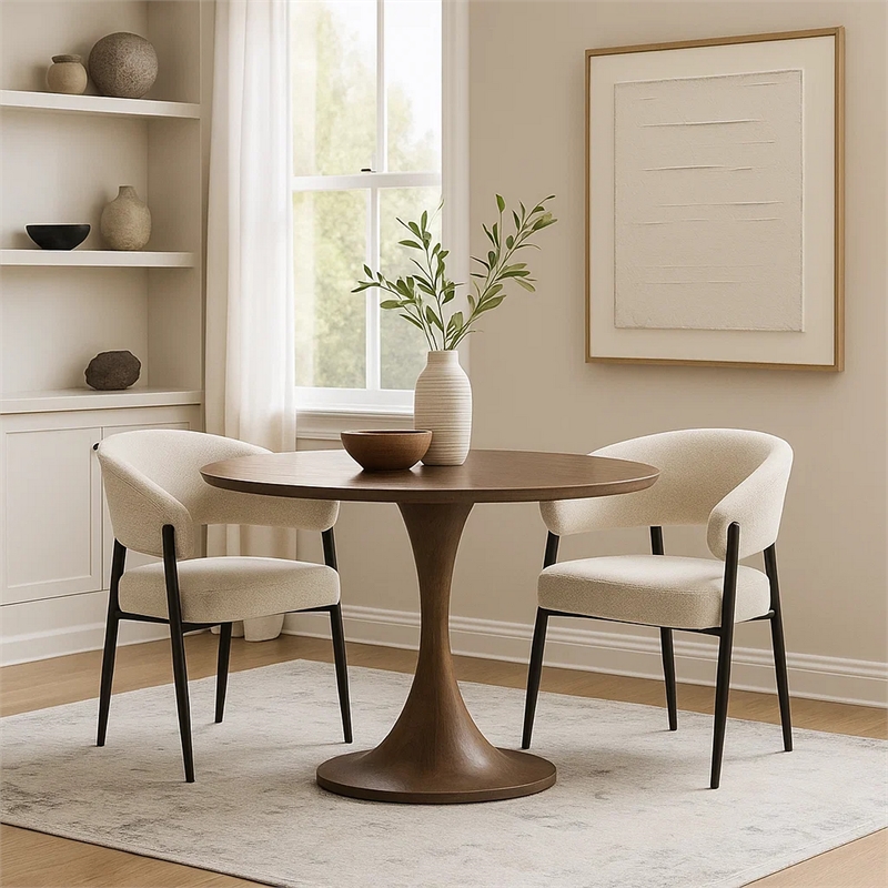 Jexy Dining Armchair Set of 2- Barrel Back- Beige Chenille- Black Metal
