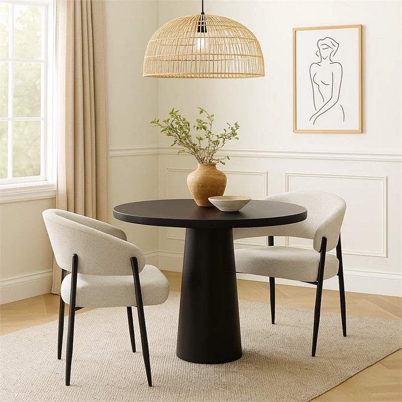 Jexy Dining Armchair Set of 2- Barrel Back- Beige Chenille- Black Metal