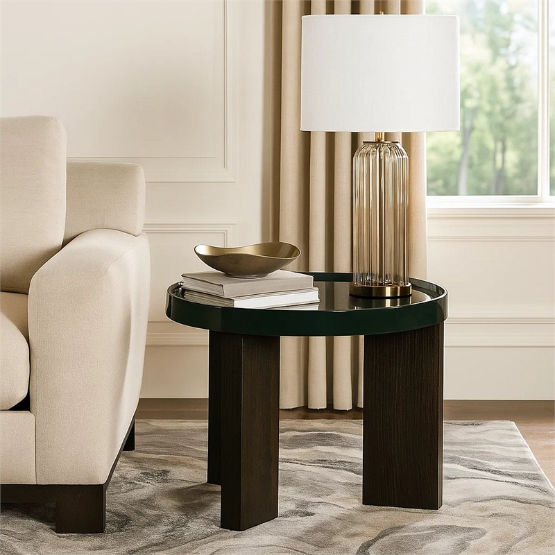 Lexy Side End Table- 24 Inch Round Top- High Gloss Blackish Green