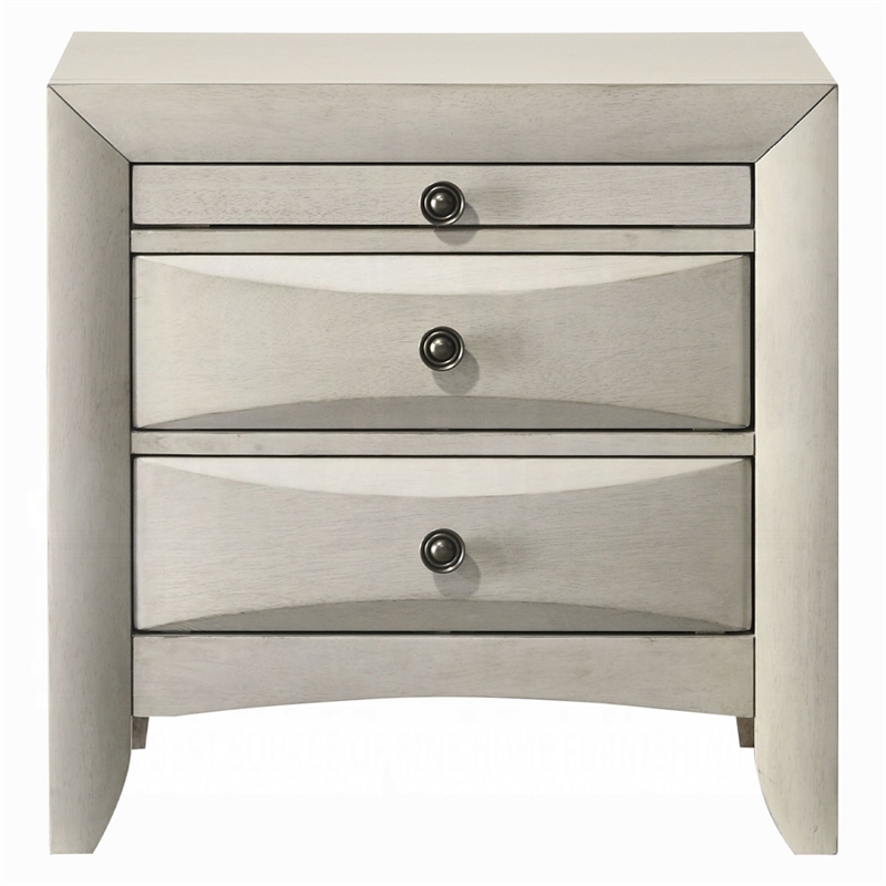Remy Nightstand- 3 Contemporary Faceted Drawers- Antique White Finish