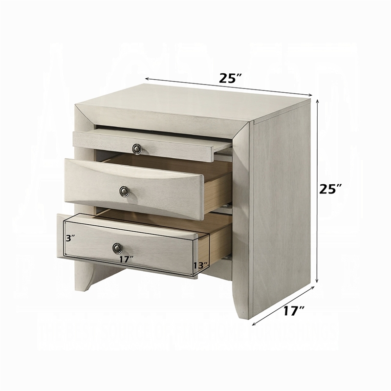 Remy Nightstand- 3 Contemporary Faceted Drawers- Antique White Finish