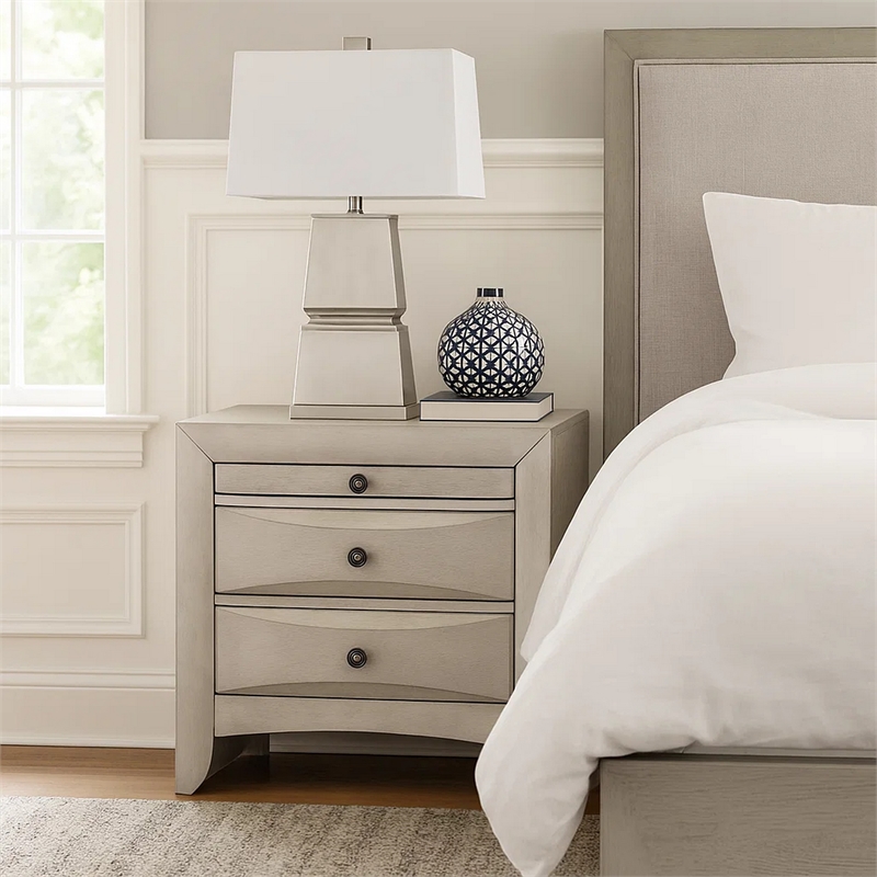 Remy Nightstand- 3 Contemporary Faceted Drawers- Antique White Finish