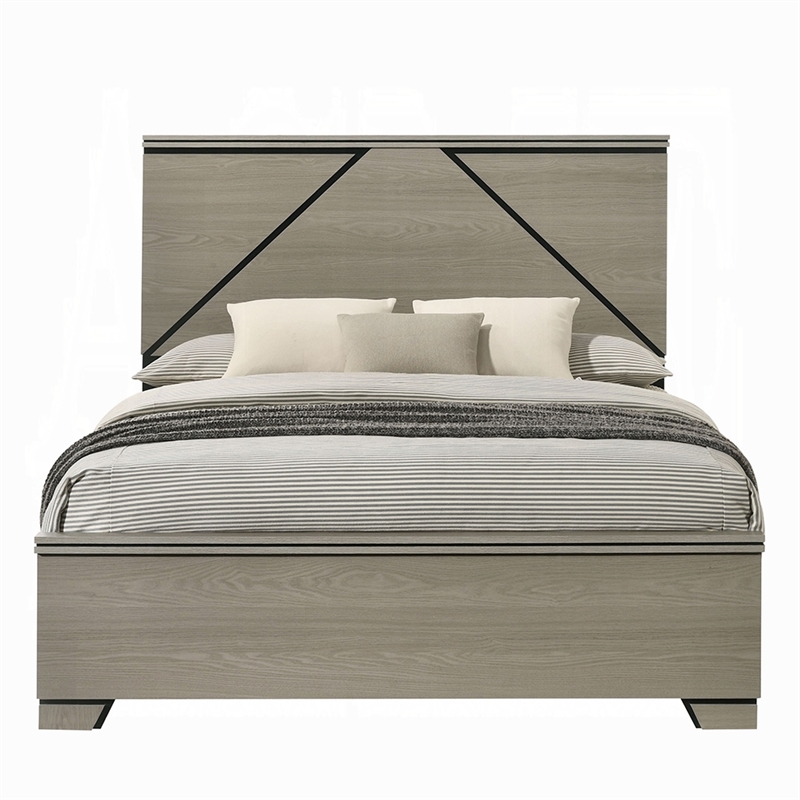Anna Queen Bed- Panel Headboard with LED- Weathered Gray Wood- Modern Style