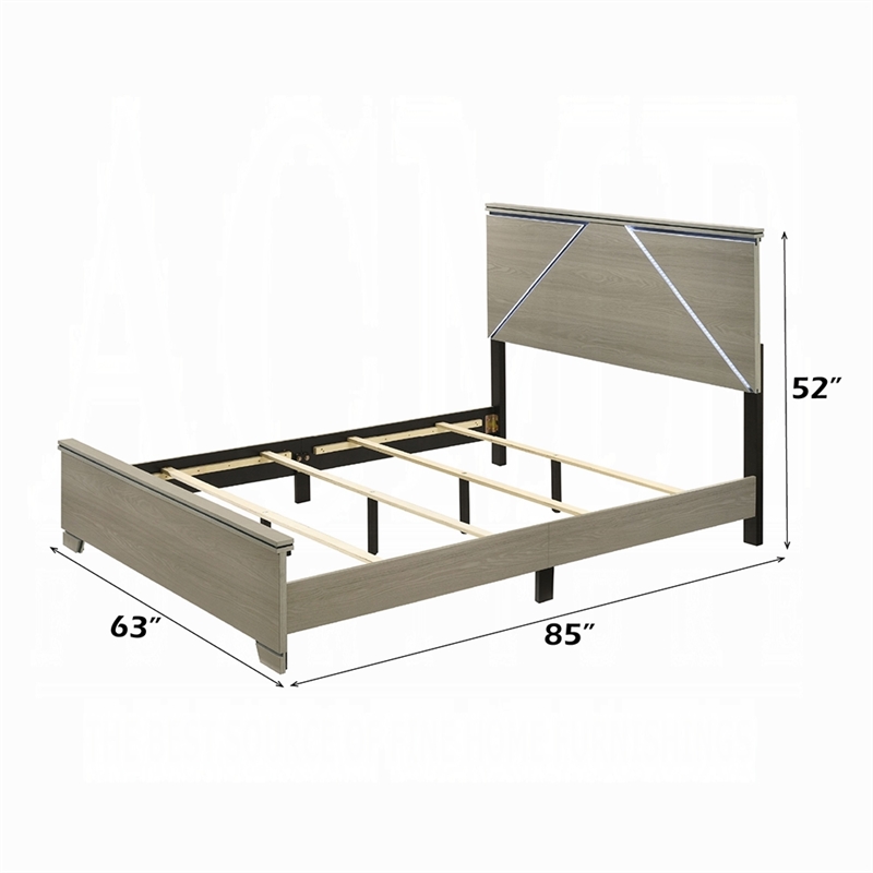 Anna Queen Bed- Panel Headboard with LED- Weathered Gray Wood- Modern Style
