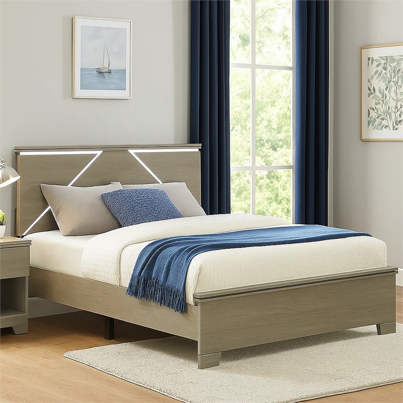 Anna Queen Bed- Panel Headboard with LED- Weathered Gray Wood- Modern Style