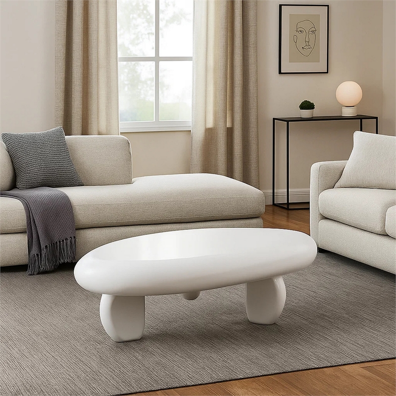 Vayu Coffee Table- 30 Inch Asymmetric Pebble Design- High Gloss White