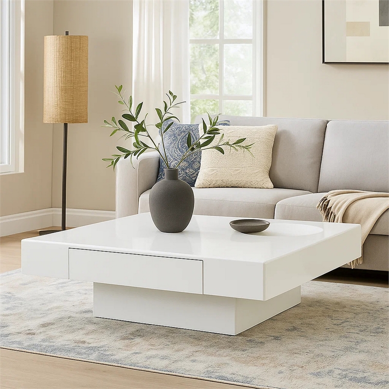Keya Coffee Table- 43 Inch Square Plinth Top- High Gloss White Finish