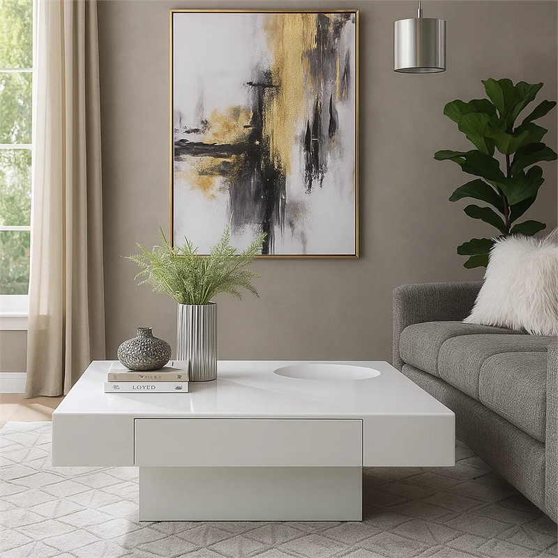 Keya Coffee Table- 43 Inch Square Plinth Top- High Gloss White Finish