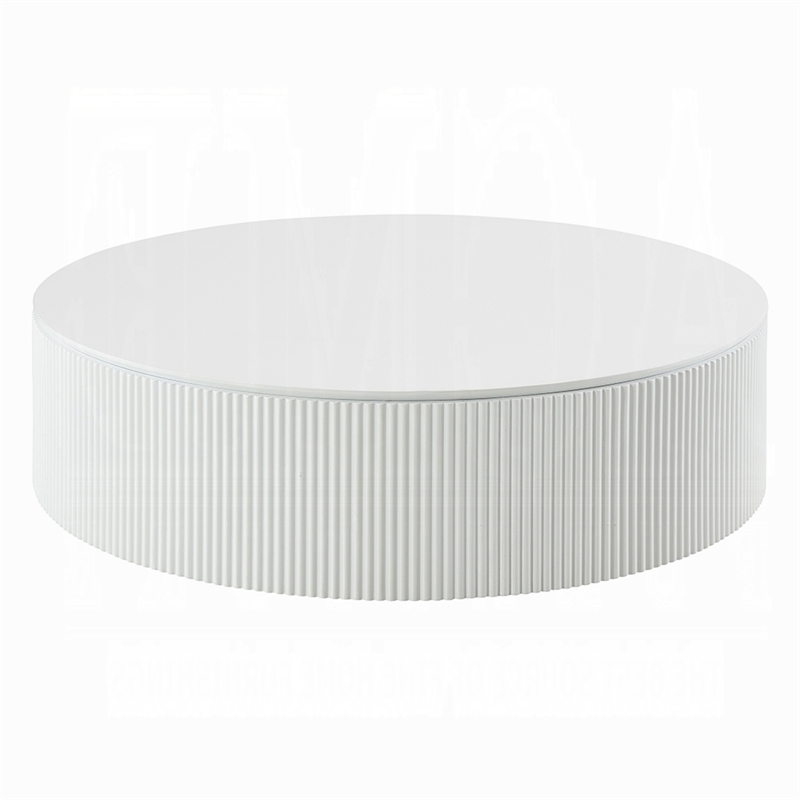 Del Modern Coffee Table- 47 Inch Round Top- Glossy White Ribbed Base