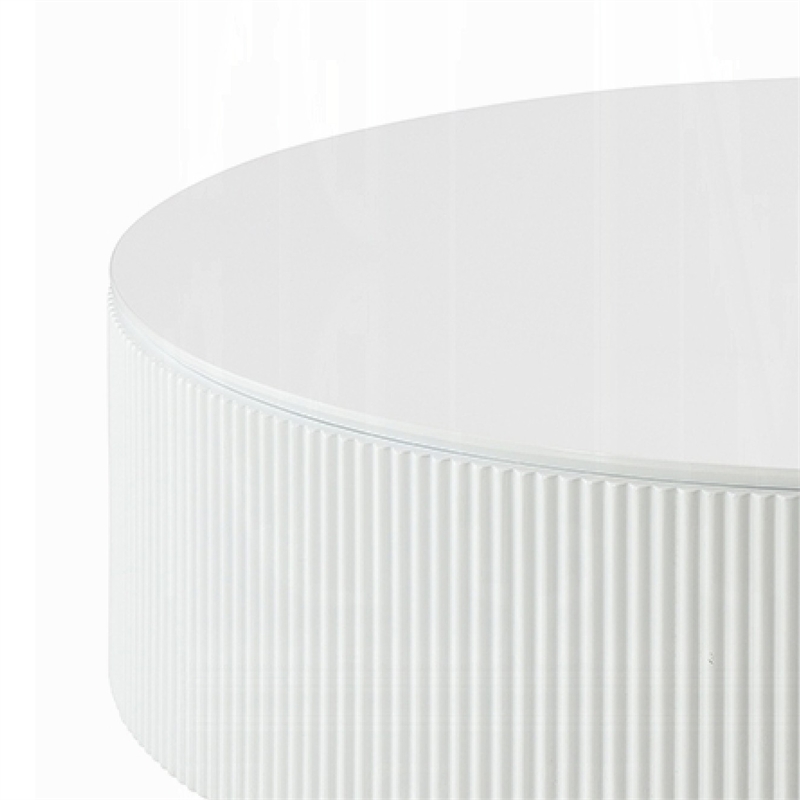 Del Modern Coffee Table- 47 Inch Round Top- Glossy White Ribbed Base