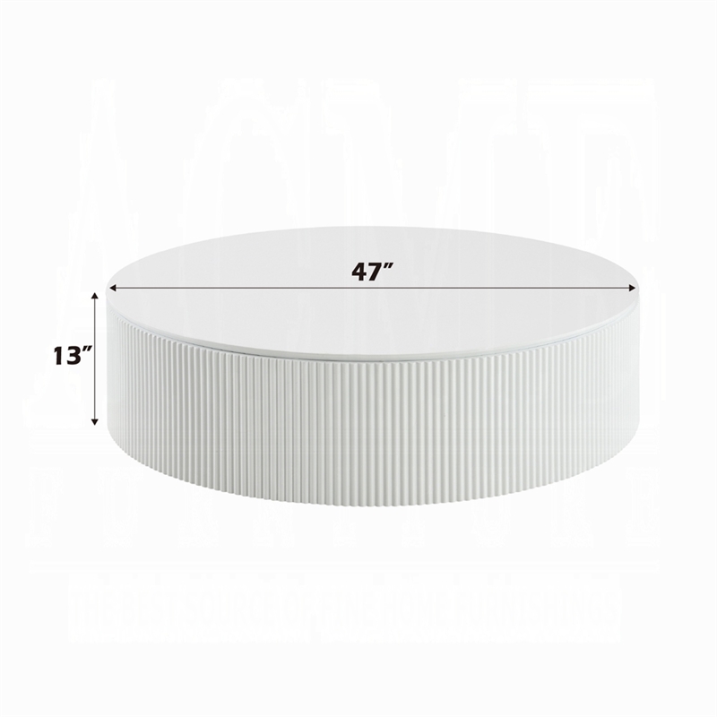 Del Modern Coffee Table- 47 Inch Round Top- Glossy White Ribbed Base