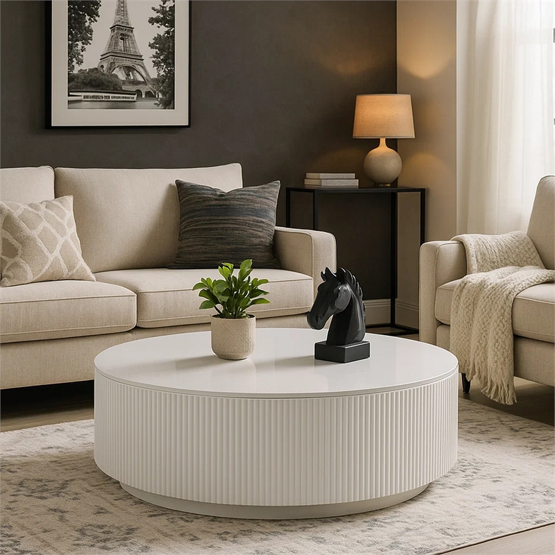 Del Modern Coffee Table- 47 Inch Round Top- Glossy White Ribbed Base