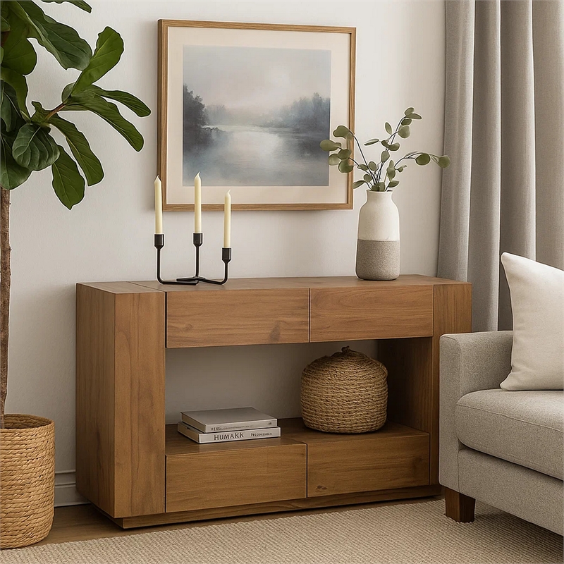 Ayma Sofa Console Table- 4 Drawers- 54 Inch Rectangular- Oak Brown