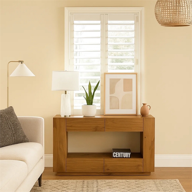 Ayma Sofa Console Table- 4 Drawers- 54 Inch Rectangular- Oak Brown