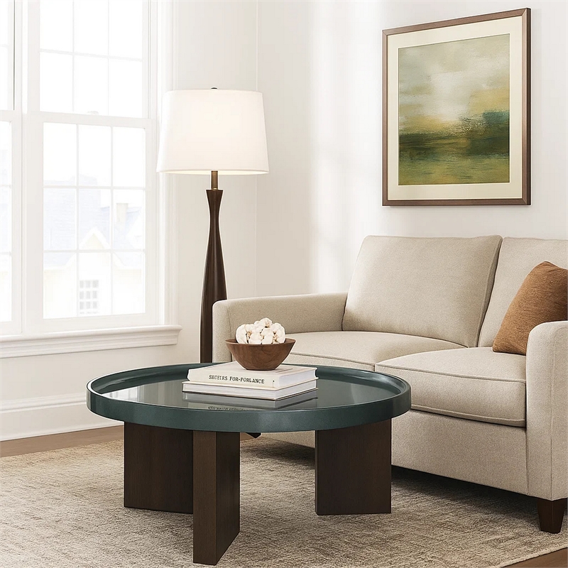 Lexy Coffee Table- 35 Inch Round Top- Low Profile High Gloss Blackish Green