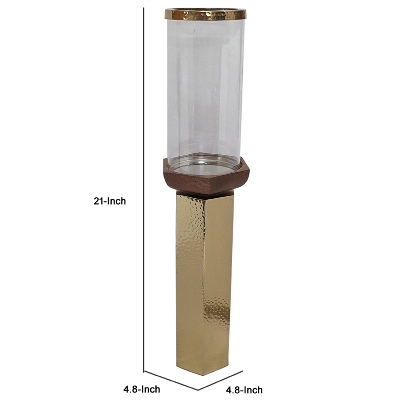 Gemo Hurricane Candle Holder with Gold Base- Mango Wood Accent 21 Inch