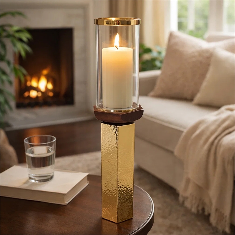 Gemo Hurricane Candle Holder with Gold Base- Mango Wood Accent 21 Inch