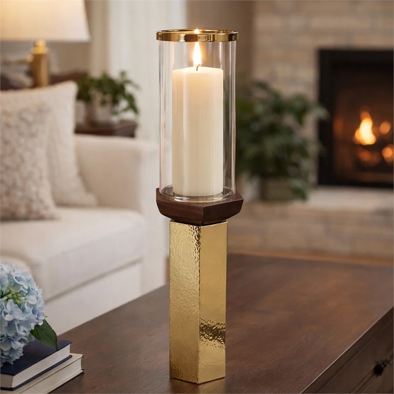 Gemo Hurricane Candle Holder with Gold Base- Mango Wood Accent 21 Inch