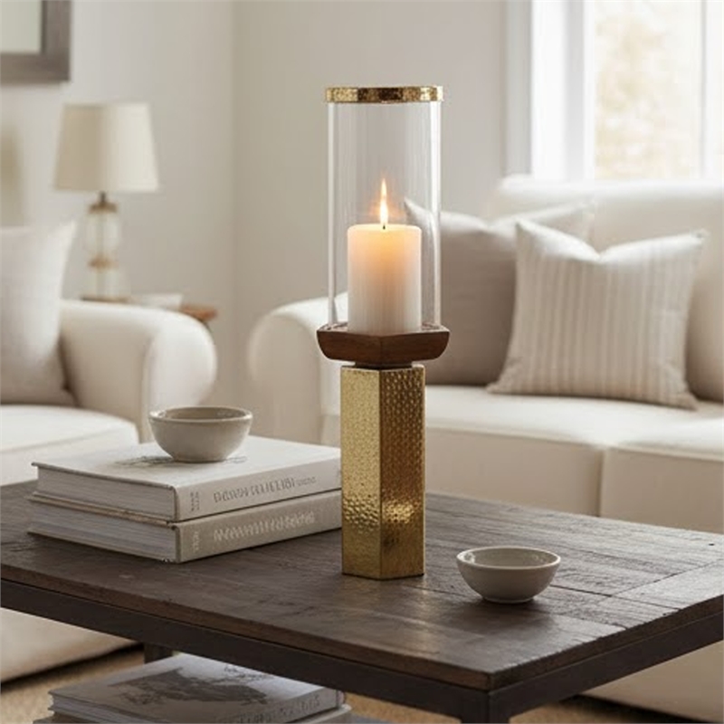 Gemo Hurricane Candle Holder with Gold Base- Mango Wood Accent 21 Inch