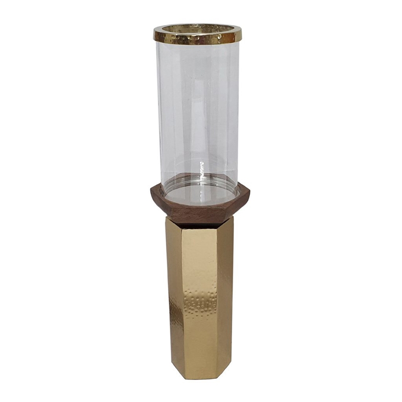 Gemo Hurricane Candle Holder with Gold Base- Mango Wood Accent 20 Inch