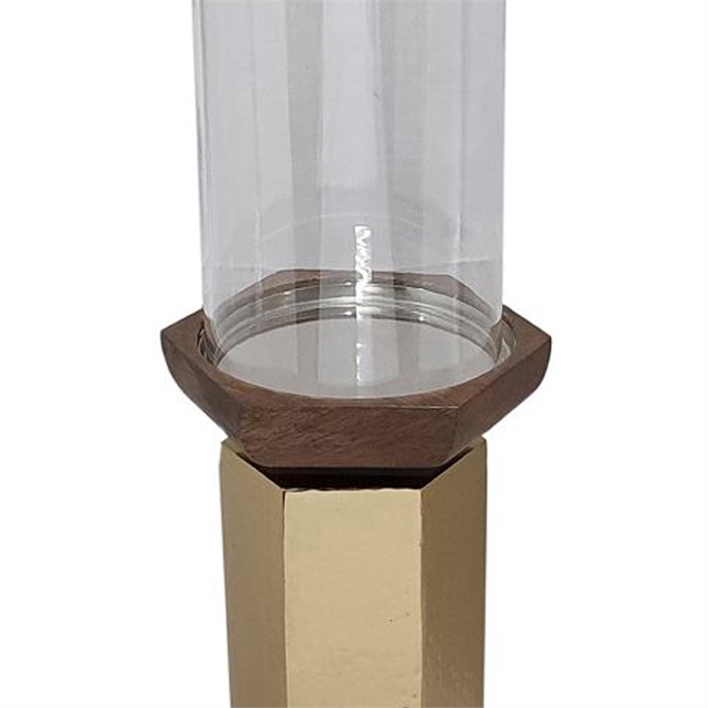Gemo Hurricane Candle Holder with Gold Base- Mango Wood Accent 20 Inch