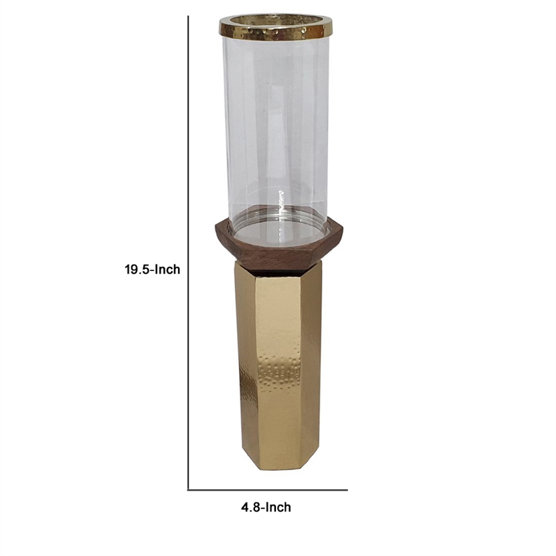 Gemo Hurricane Candle Holder with Gold Base- Mango Wood Accent 20 Inch