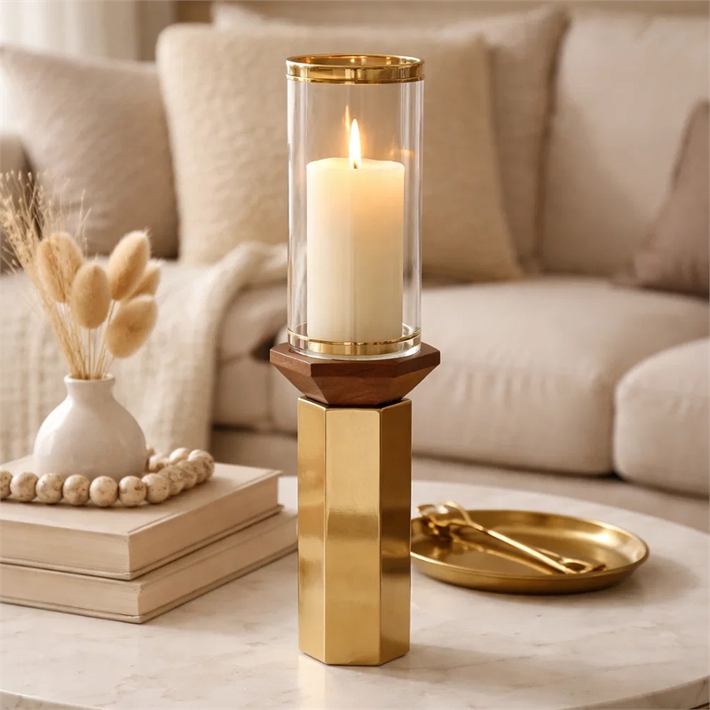 Gemo Hurricane Candle Holder with Gold Base- Mango Wood Accent 20 Inch