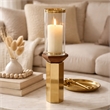 Gemo Hurricane Candle Holder with Gold Base- Mango Wood Accent 20 Inch