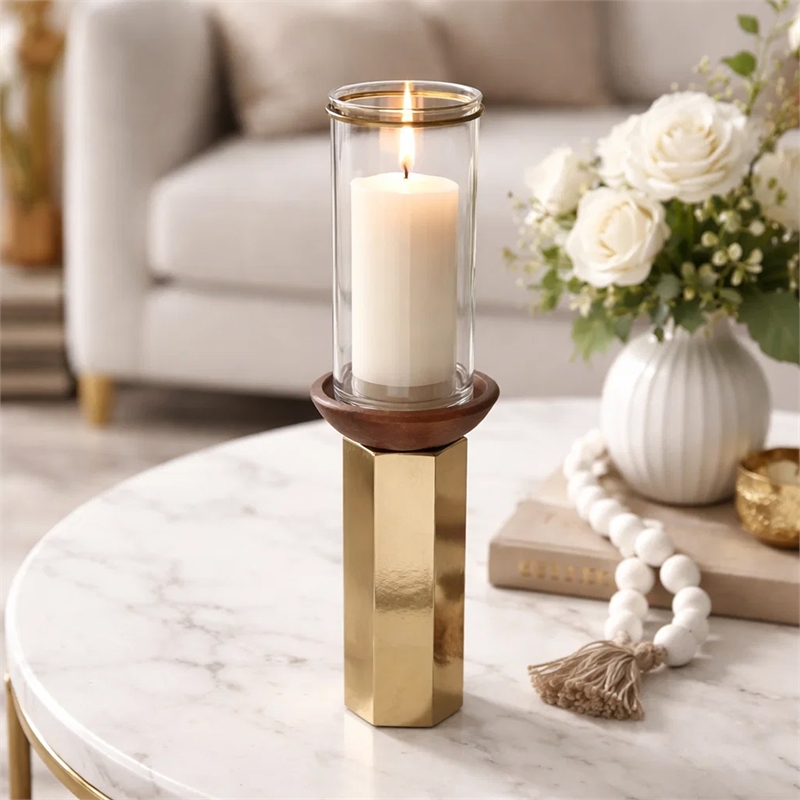 Gemo Hurricane Candle Holder with Gold Base- Mango Wood Accent 20 Inch