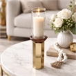 Gemo Hurricane Candle Holder with Gold Base- Mango Wood Accent 20 Inch