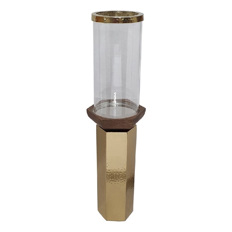 Gemo Hurricane Candle Holder with Gold Base- Mango Wood Accent 20 Inch