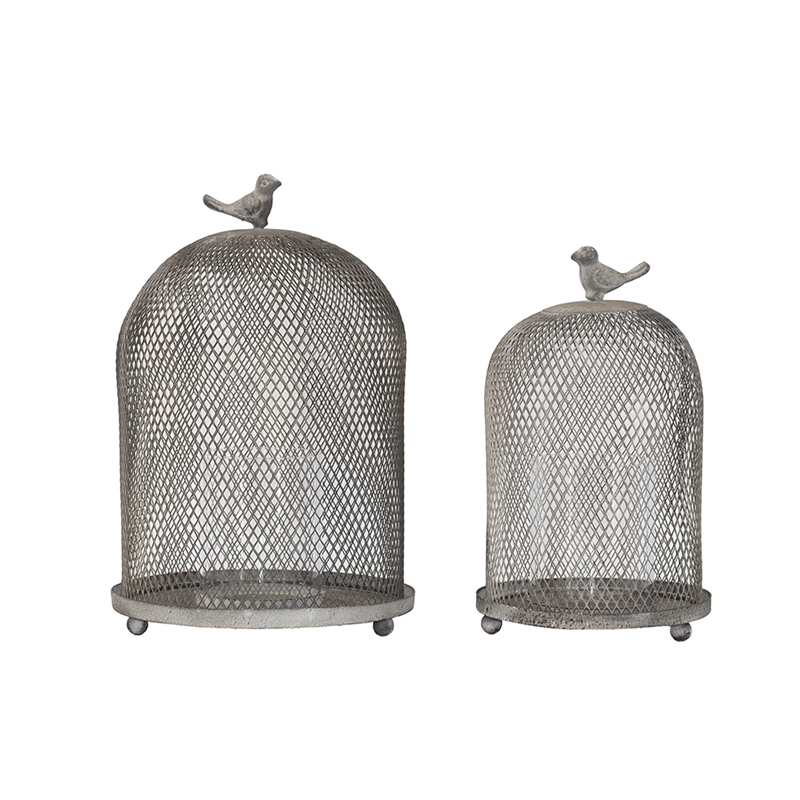 Vintage Candle Holder Set of 2- Sparrow Accent Mesh Dome Design- Gray