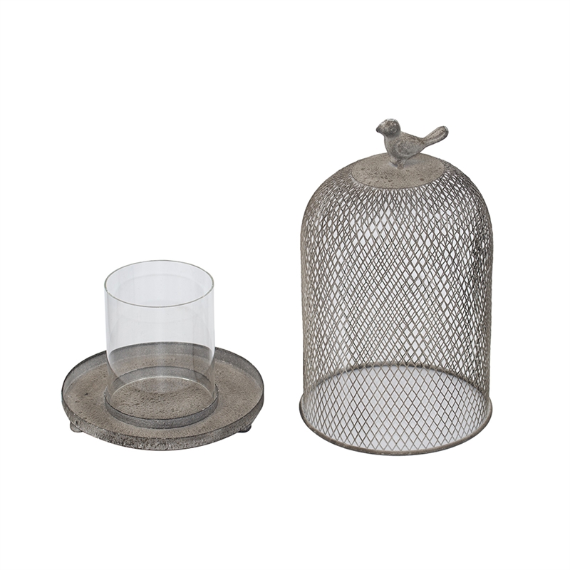 Vintage Candle Holder Set of 2- Sparrow Accent Mesh Dome Design- Gray
