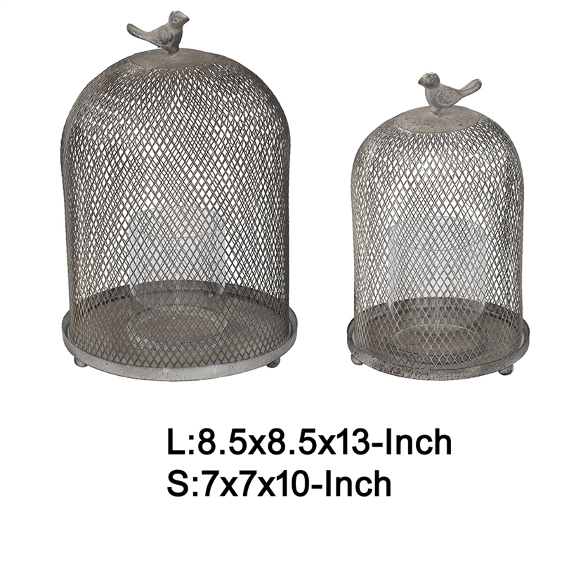 Vintage Candle Holder Set of 2- Sparrow Accent Mesh Dome Design- Gray