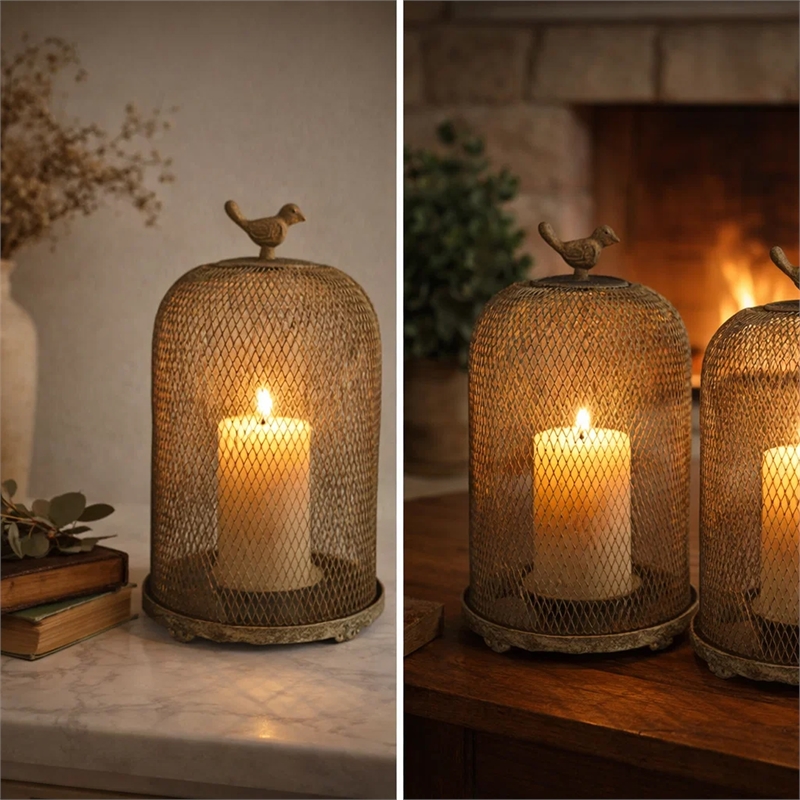 Vintage Candle Holder Set of 2- Sparrow Accent Mesh Dome Design- Gray