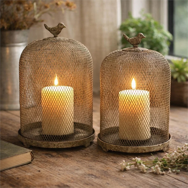 Vintage Candle Holder Set of 2- Sparrow Accent Mesh Dome Design- Gray